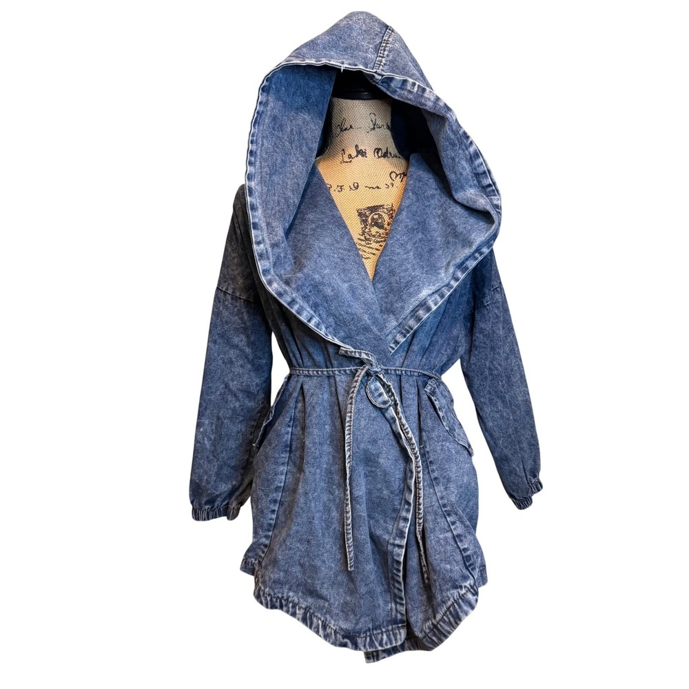 Vintage 90s Acid‎ Wash Hooded Denim Jacket – Cinched Waist Belted Wrap Coat